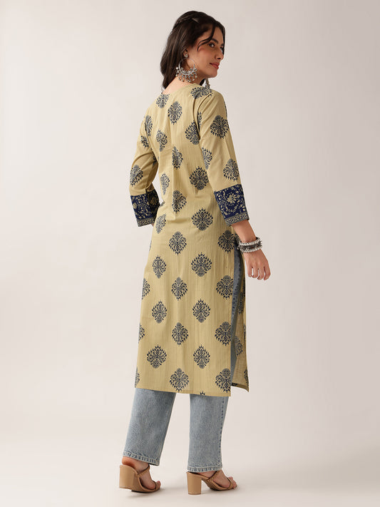 Navy Floral Straight Cotton Kurta