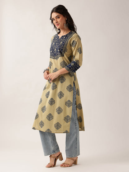 Navy Floral Straight Cotton Kurta