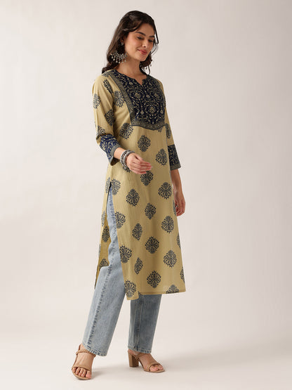 Navy Floral Straight Cotton Kurta