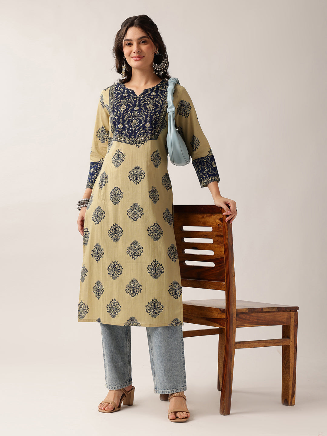 Navy Floral Straight Cotton Kurta