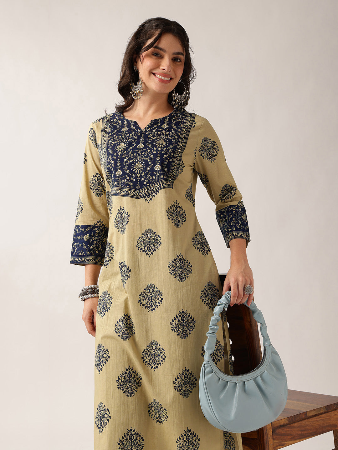 Navy Floral Straight Cotton Kurta