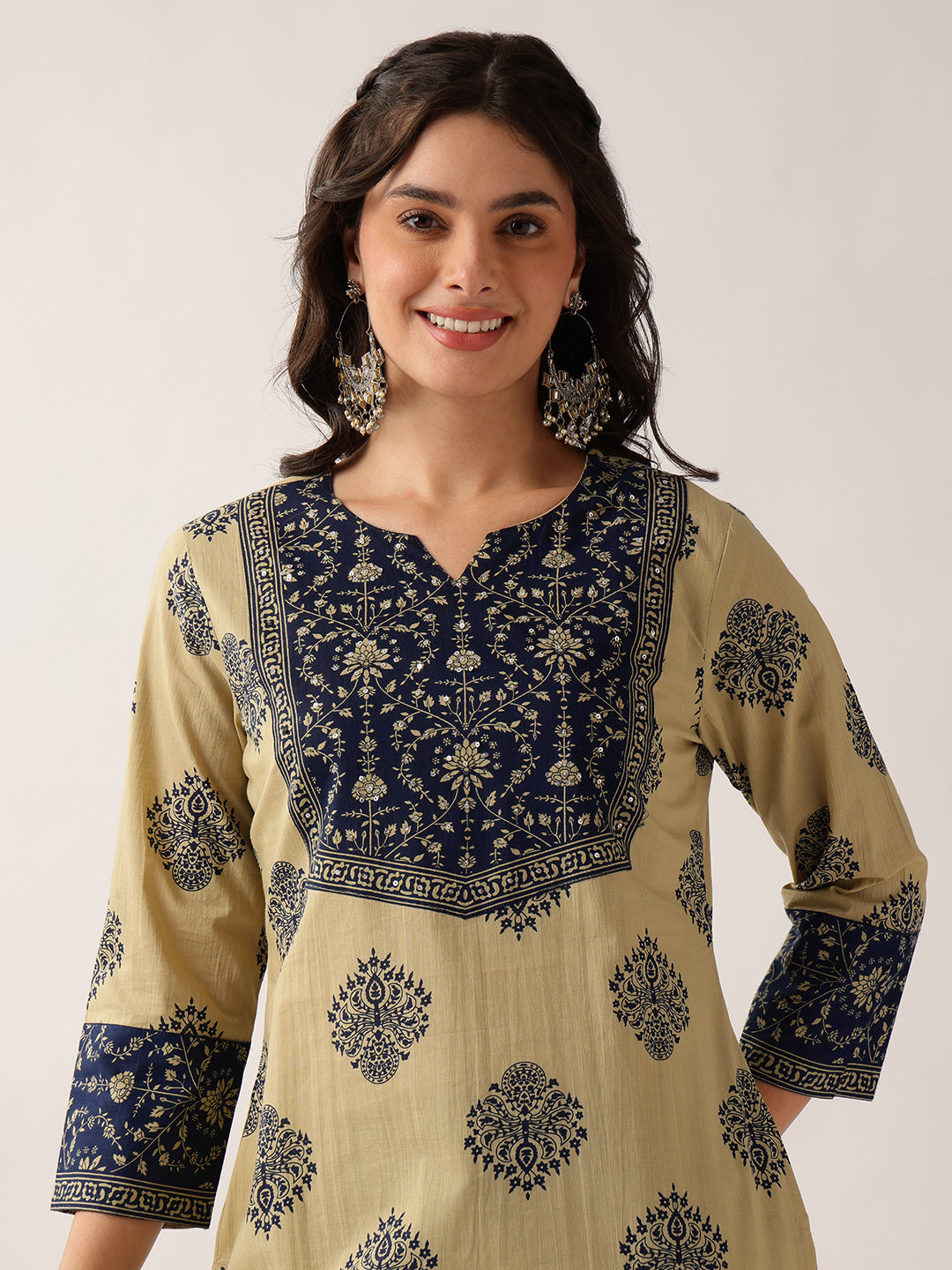 Navy Floral Straight Cotton Kurta