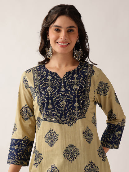 Navy Floral Straight Cotton Kurta