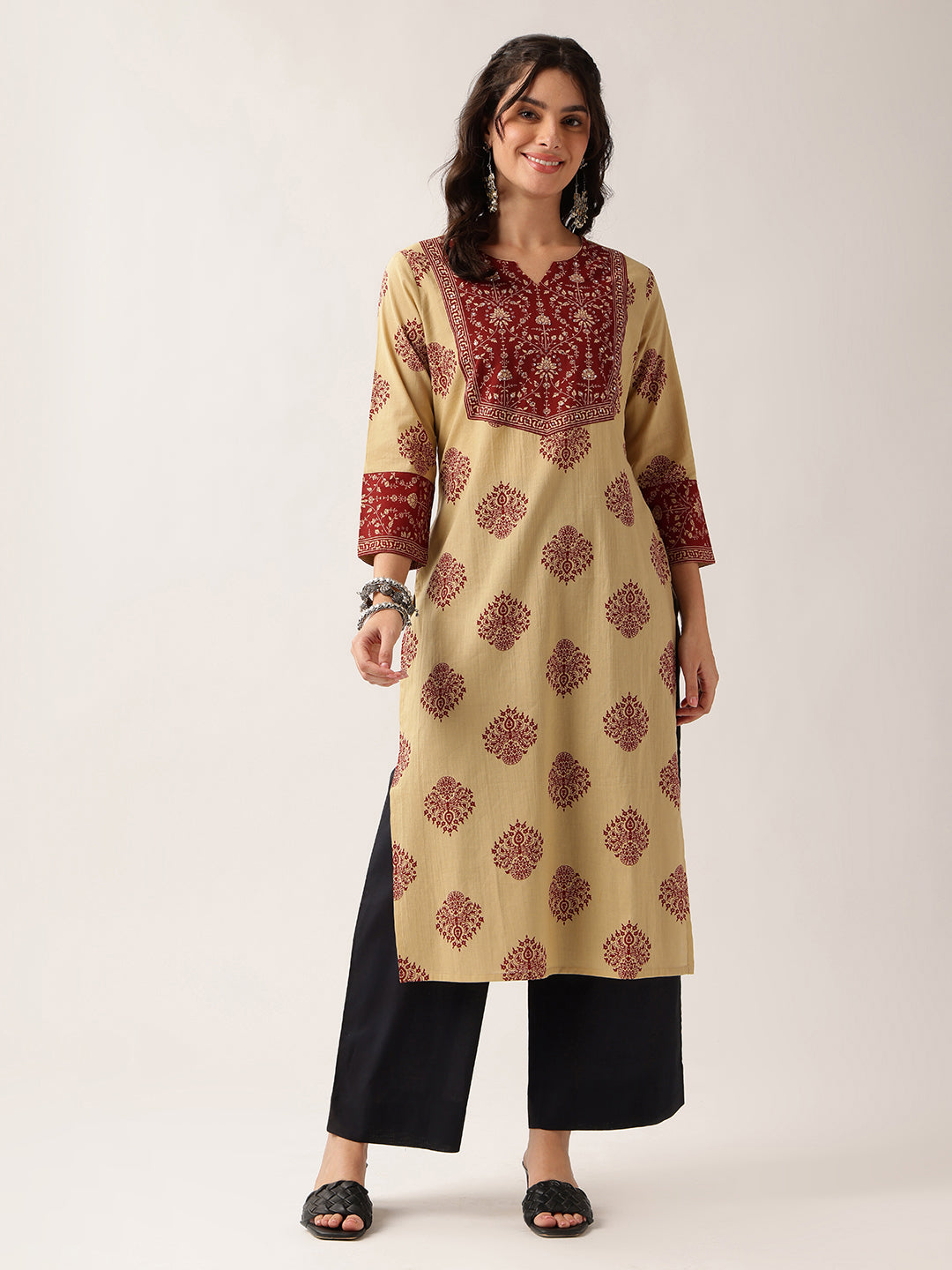Red Floral Straight Cotton Kurta