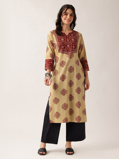 Red Floral Straight Cotton Kurta