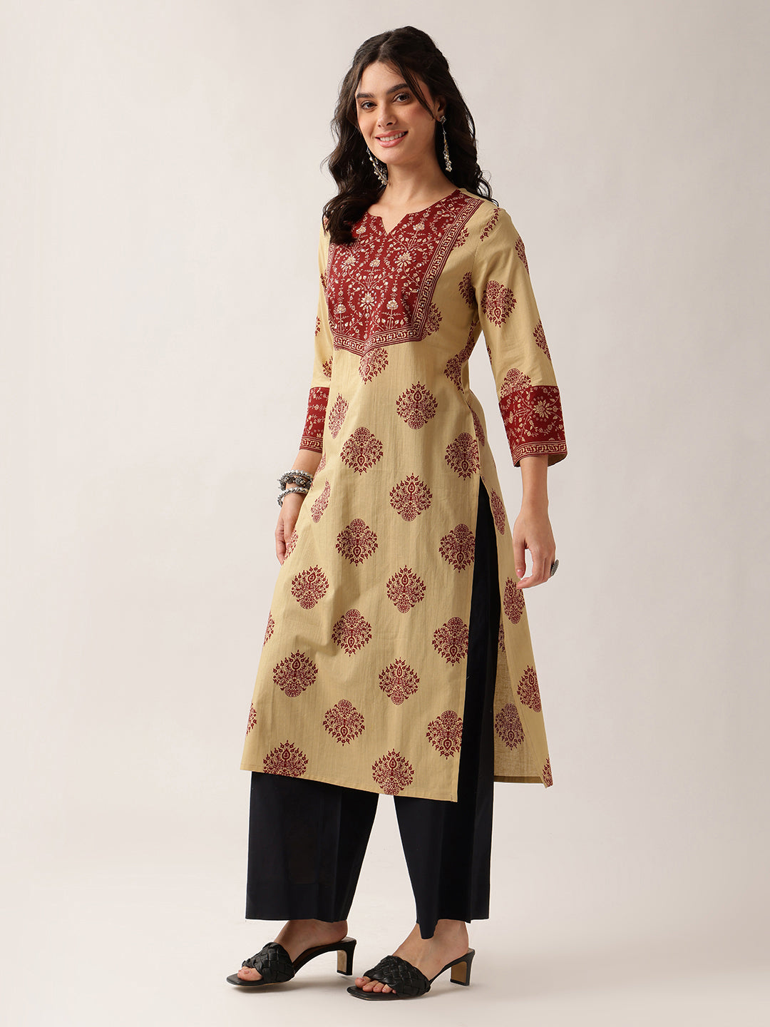 Red Floral Straight Cotton Kurta