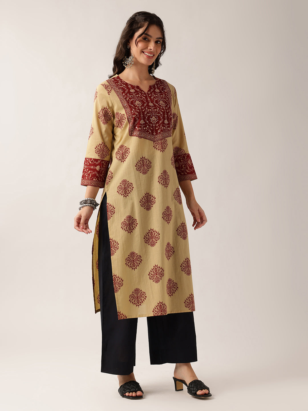 Red Floral Straight Cotton Kurta