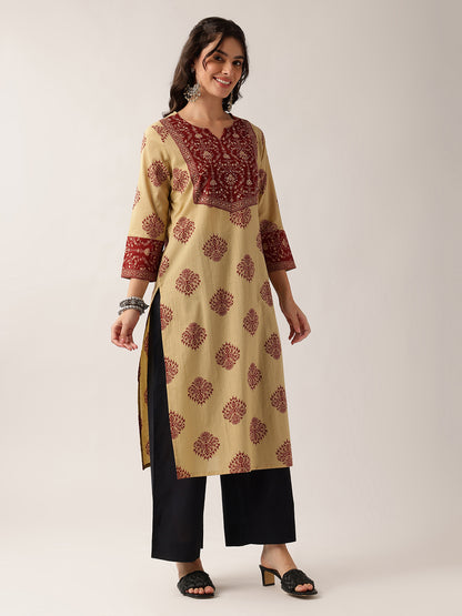 Red Floral Straight Cotton Kurta