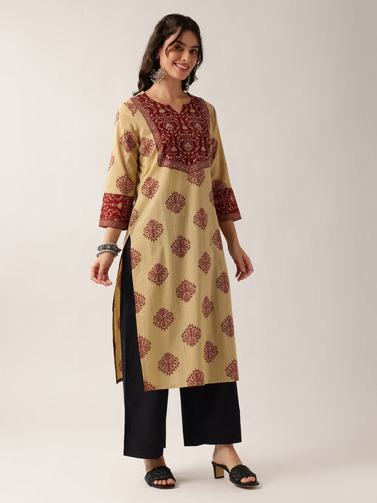 Red Floral Straight Cotton Kurta