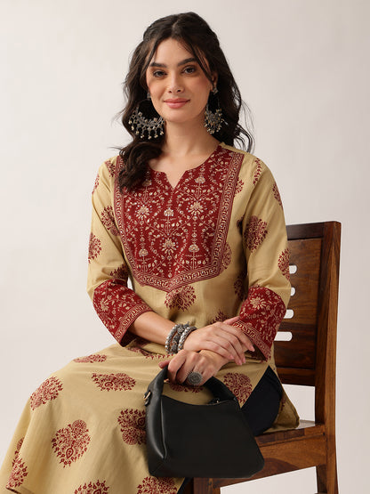 Red Floral Straight Cotton Kurta