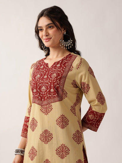 Red Floral Straight Cotton Kurta