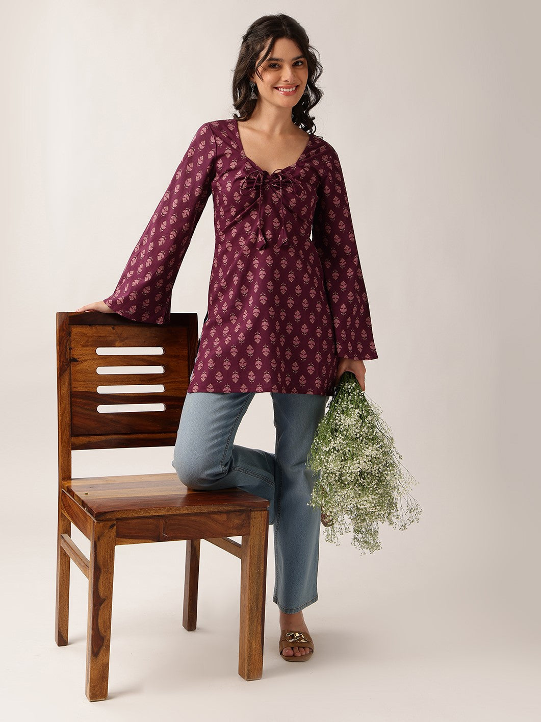 Wine Floral Straight Cotton Tunic
