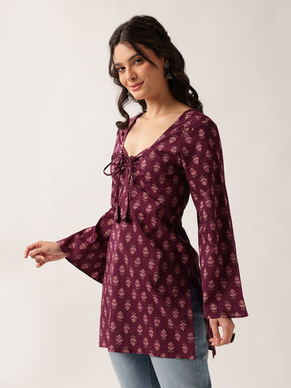 Wine Floral Straight Cotton Tunic