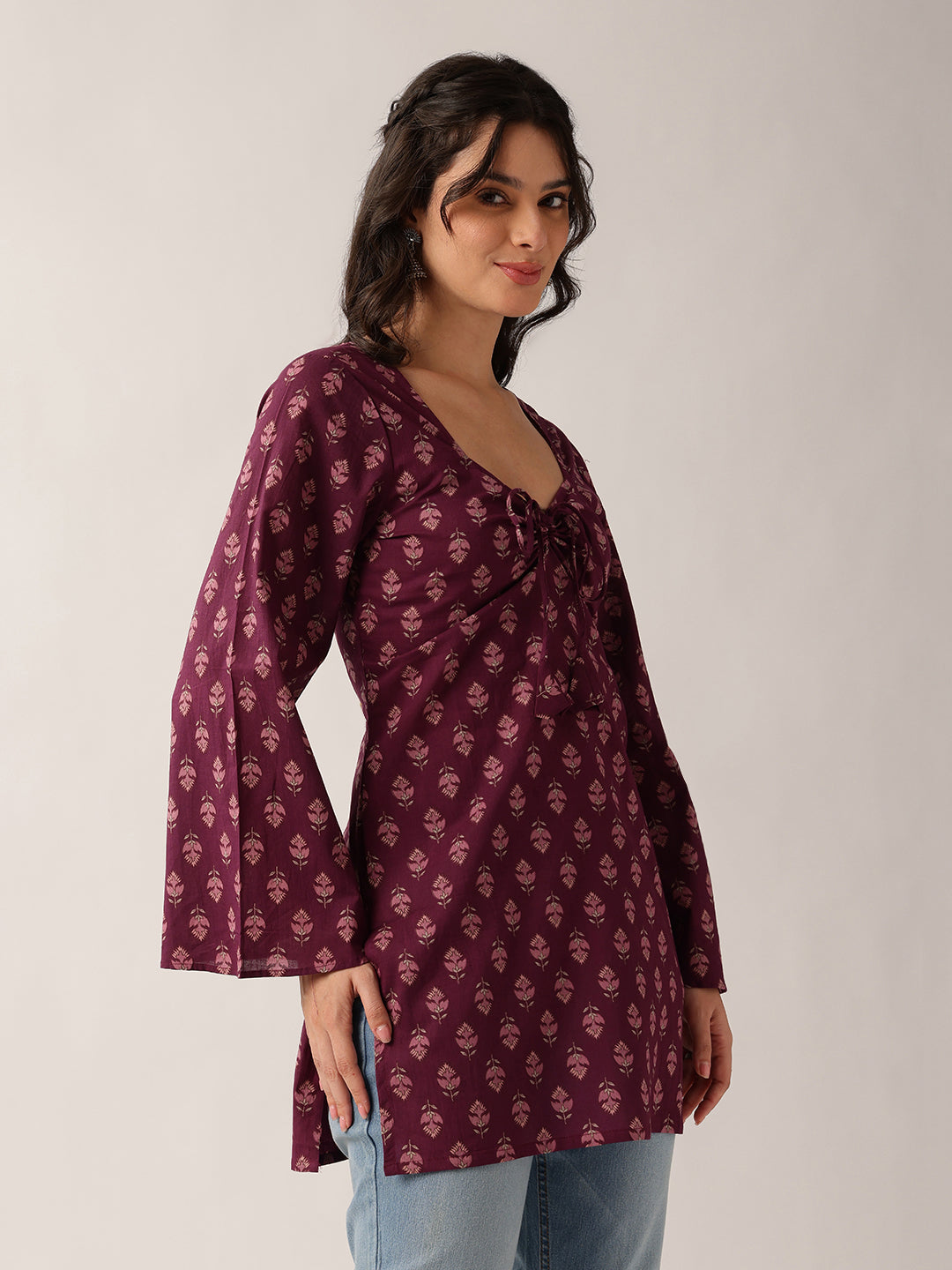 Wine Floral Straight Cotton Tunic