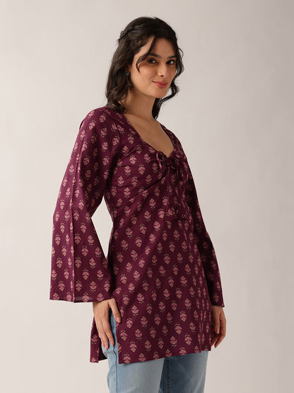 Wine Floral Straight Cotton Tunic