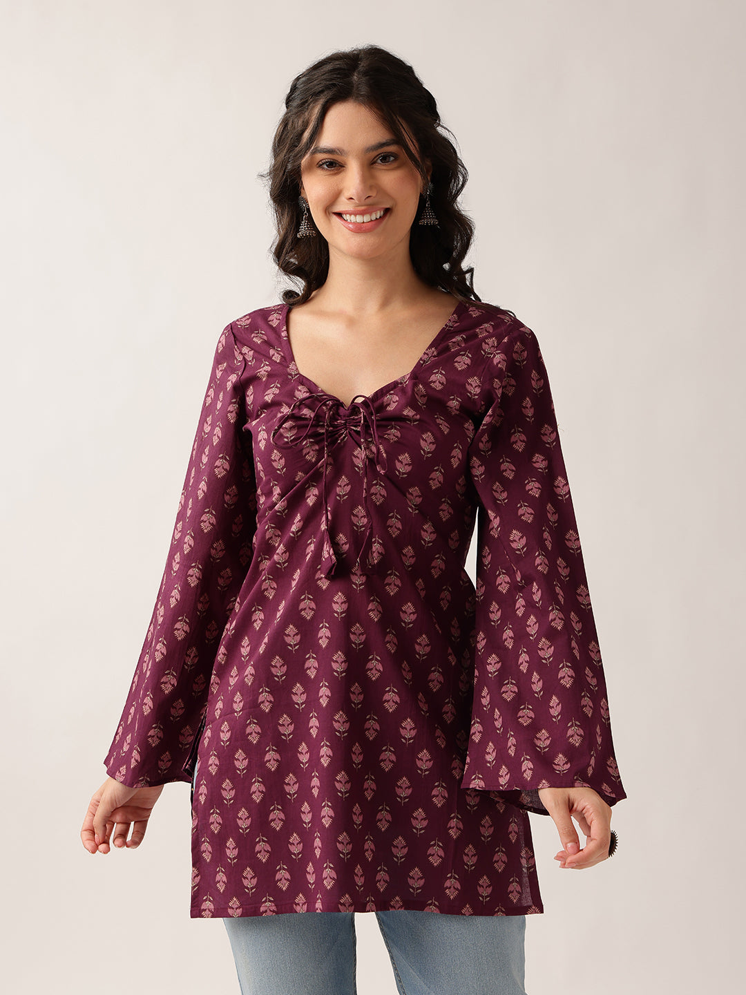 Wine Floral Straight Cotton Tunic