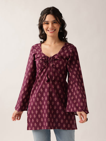 Wine Floral Straight Cotton Tunic