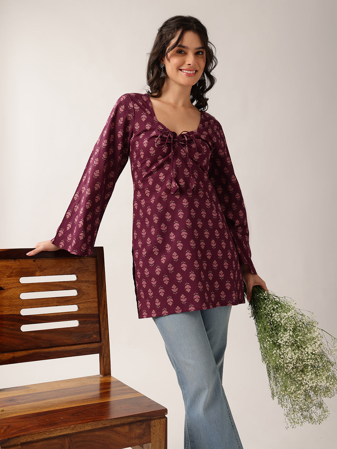 Wine Floral Straight Cotton Tunic