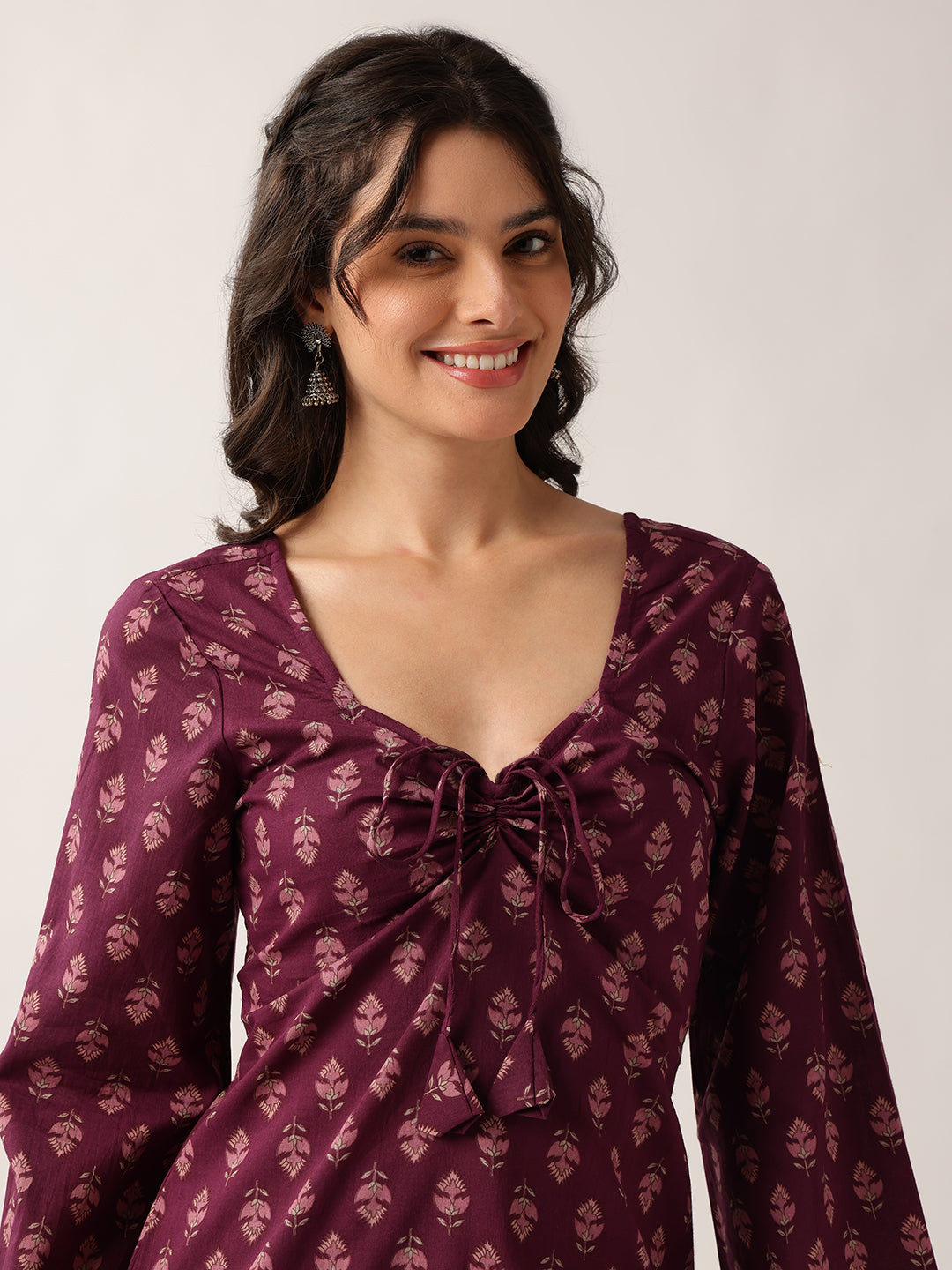 Wine Floral Straight Cotton Tunic
