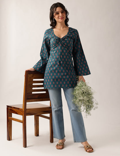 Teal Floral Straight Cotton Tunic