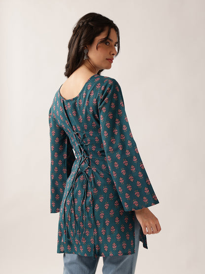Teal Floral Straight Cotton Tunic