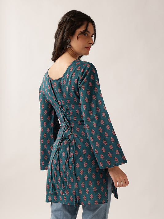 Teal Floral Straight Cotton Tunic