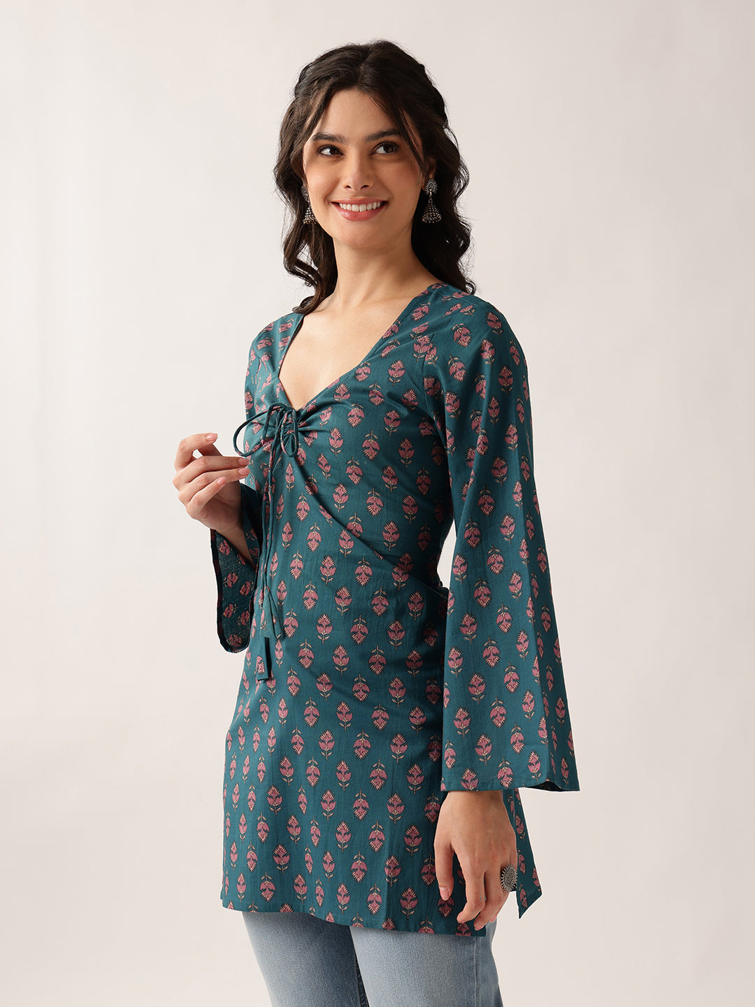 Teal Floral Straight Cotton Tunic