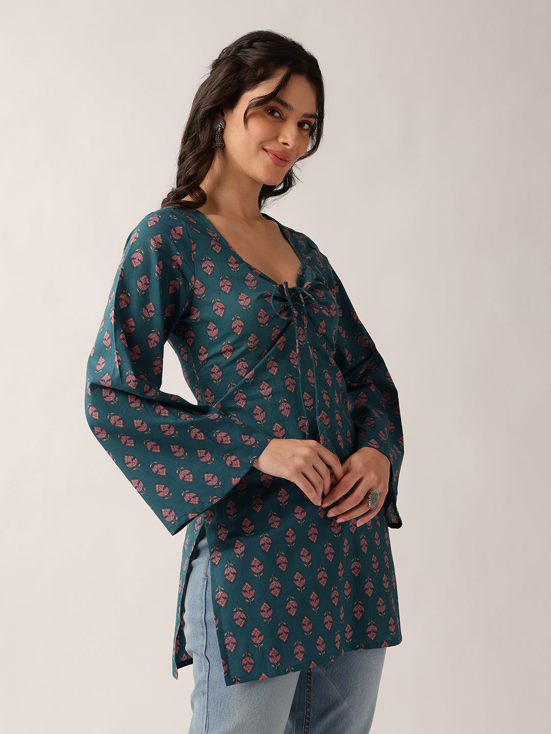 Teal Floral Straight Cotton Tunic