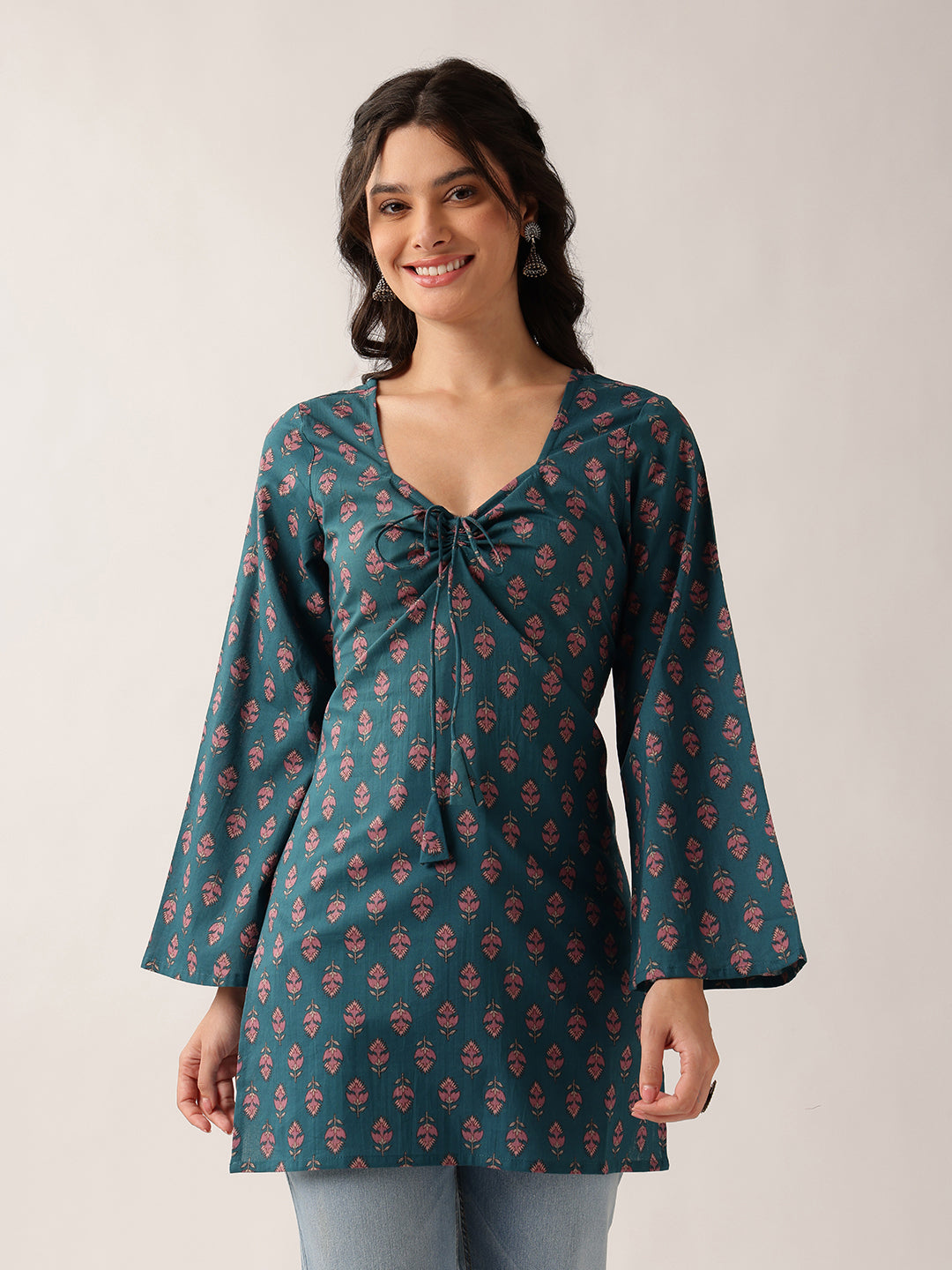 Teal Floral Straight Cotton Tunic