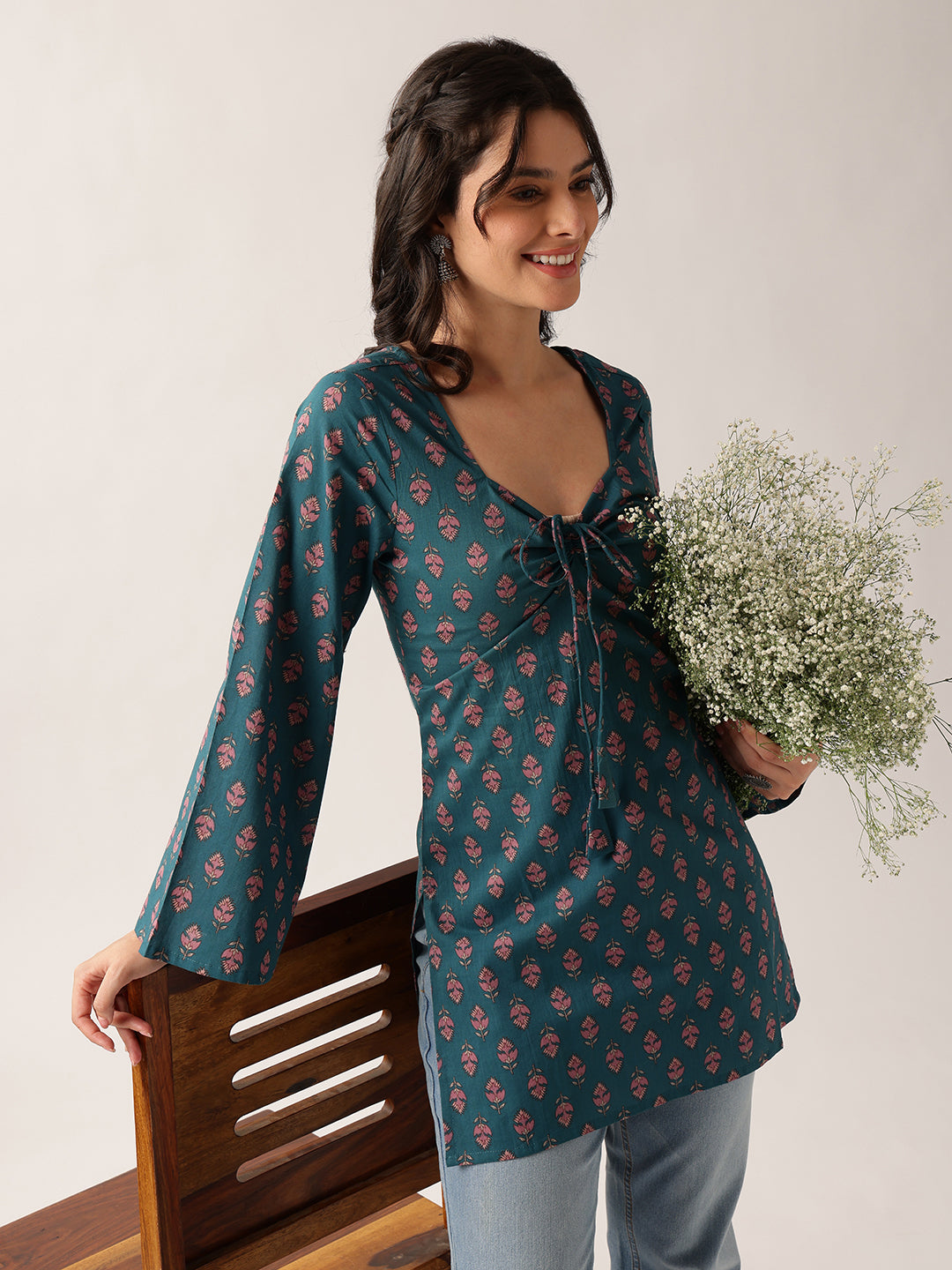 Teal Floral Straight Cotton Tunic
