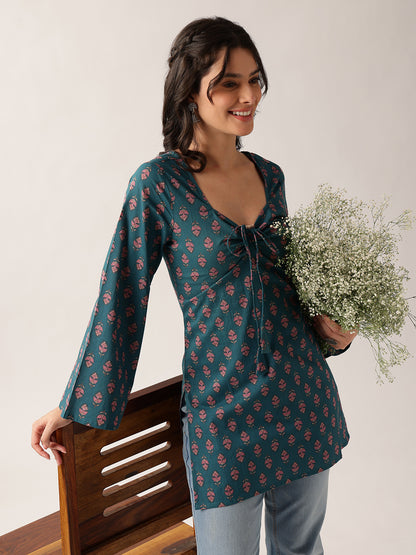 Teal Floral Straight Cotton Tunic