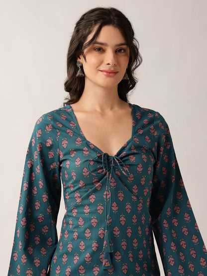 Teal Floral Straight Cotton Tunic