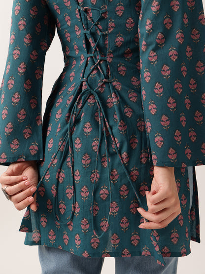 Teal Floral Straight Cotton Tunic
