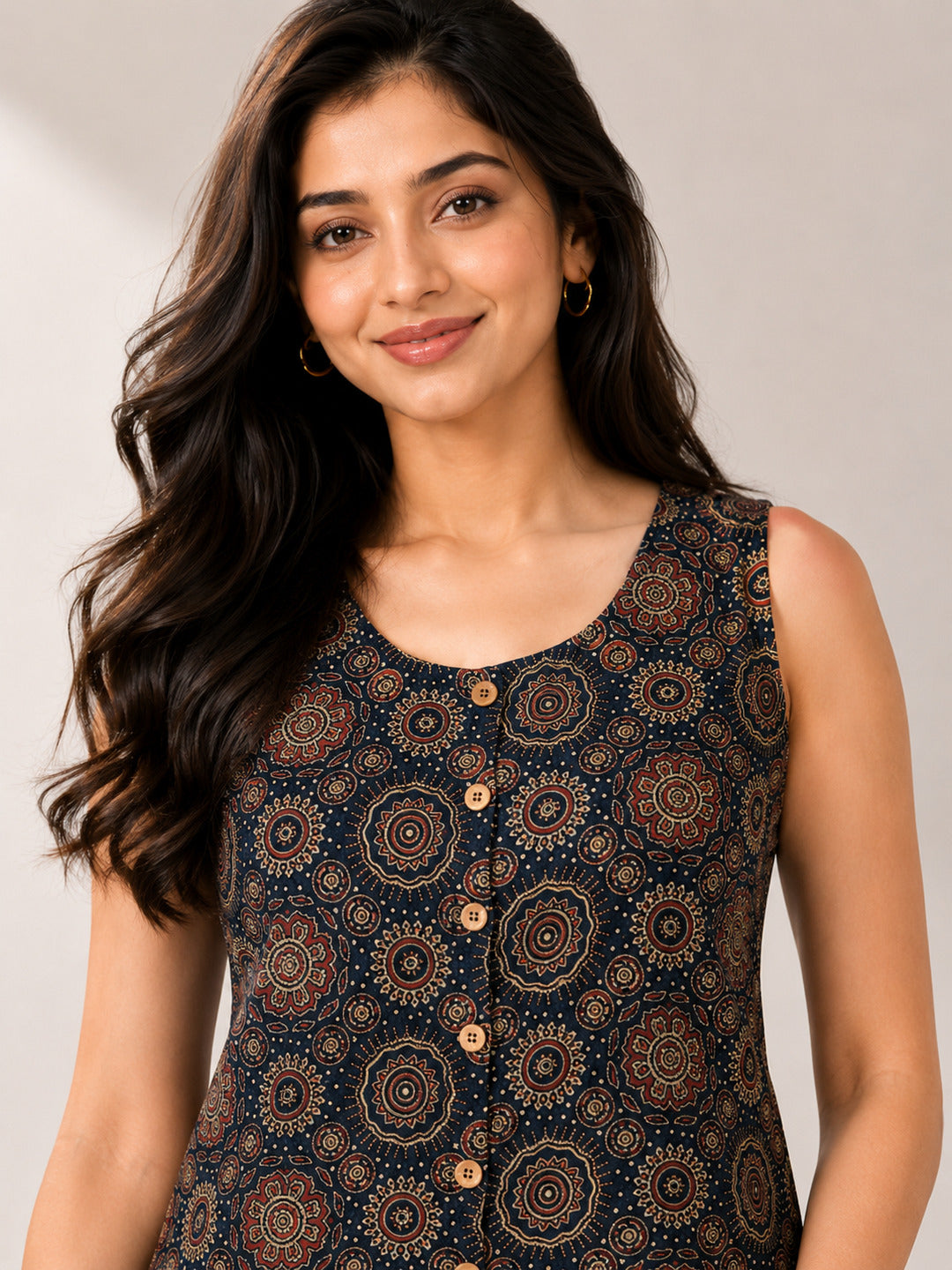 Blue Geometric Straight Cotton Stitched Co-Ord Set