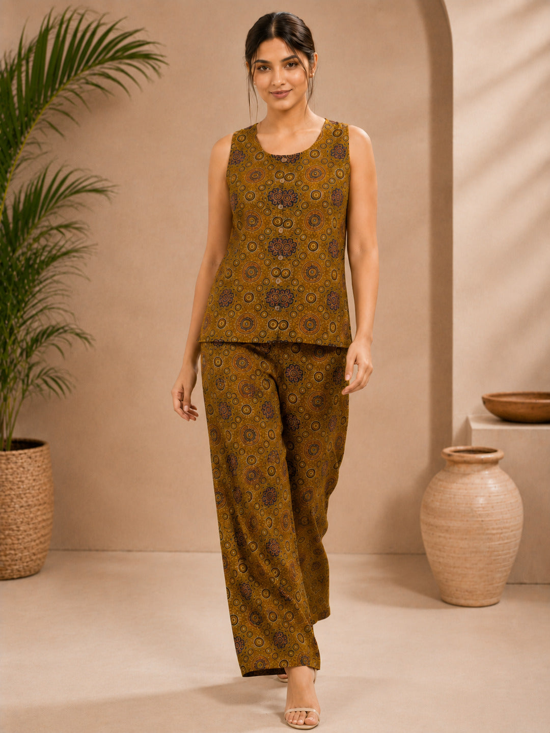Mustard Geometric Straight Cotton Stitched Co-Ord Set