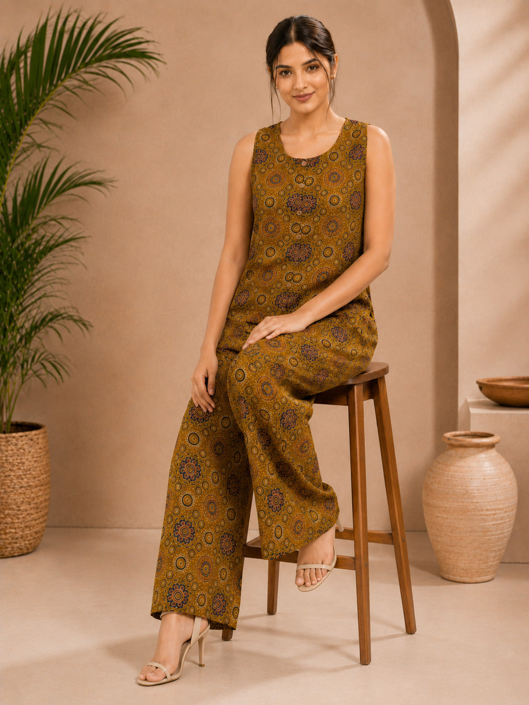 Mustard Geometric Straight Cotton Stitched Co-Ord Set