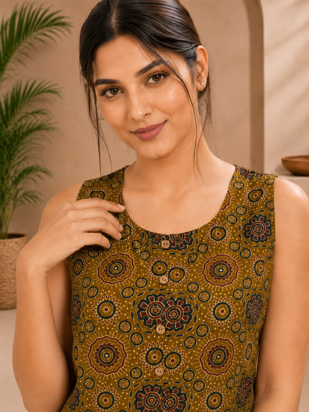 Mustard Geometric Straight Cotton Stitched Co-Ord Set