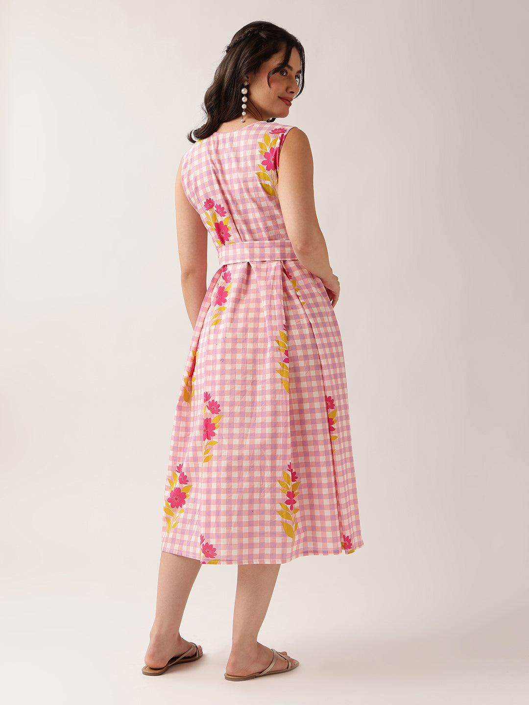Peach Checked A-Line Cotton Dress