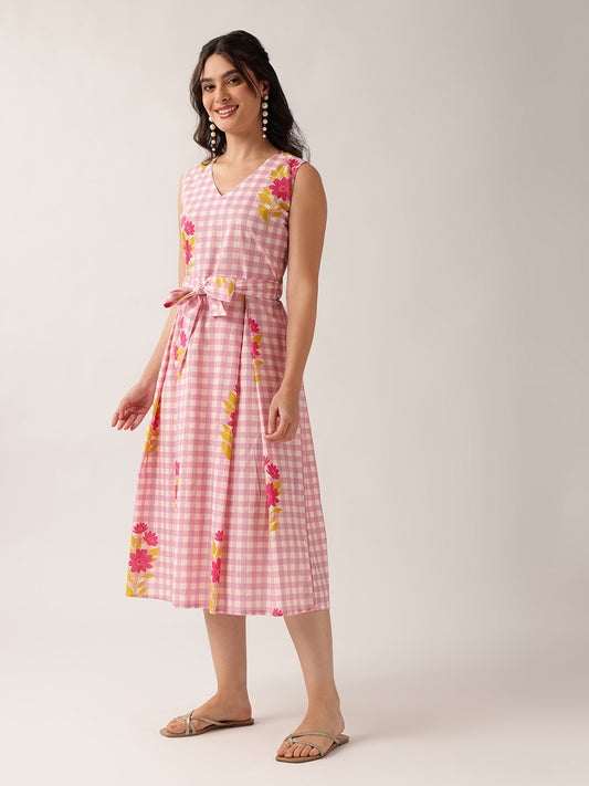 Peach Checked A-Line Cotton Dress