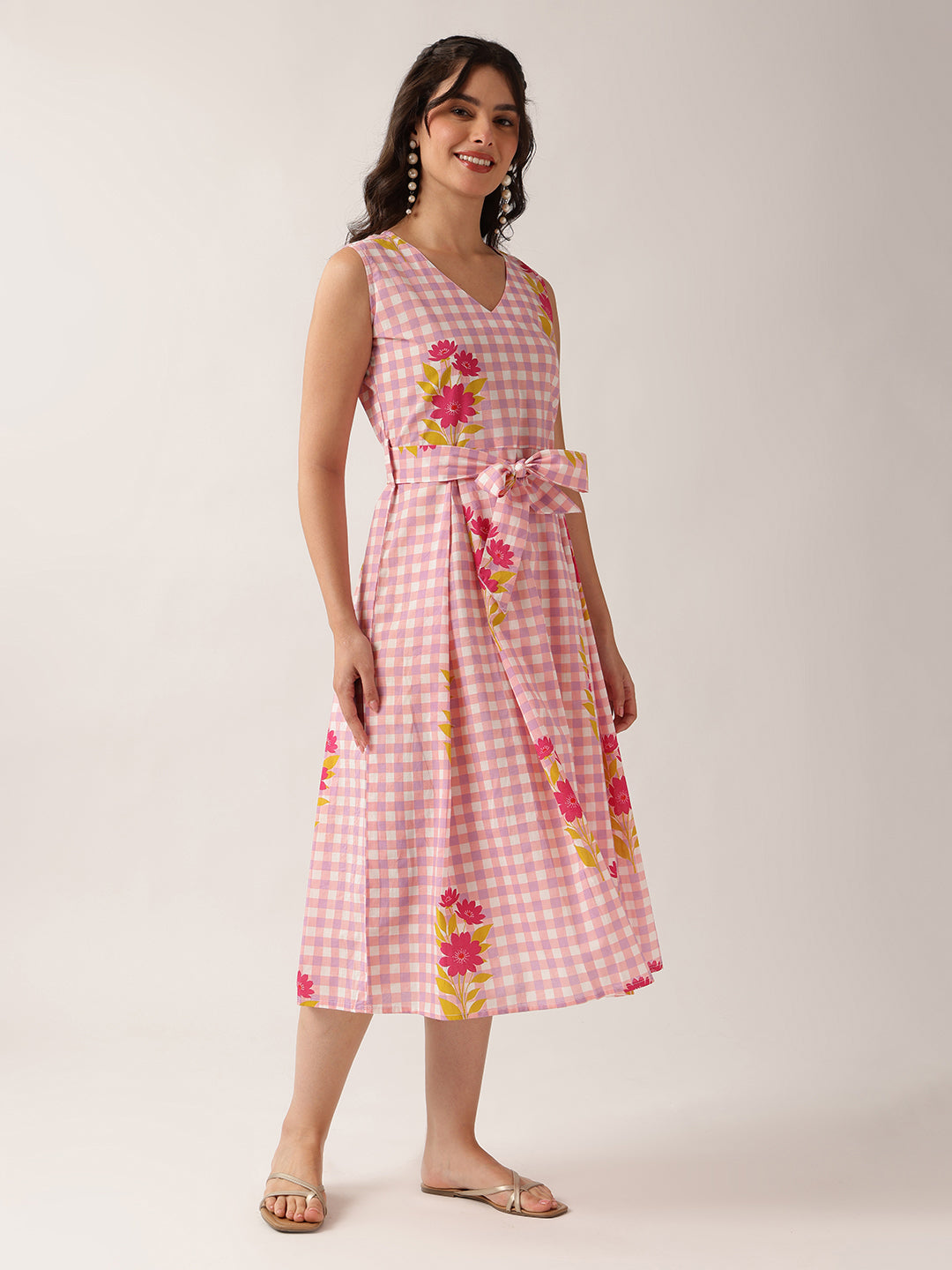 Peach Checked A-Line Cotton Dress