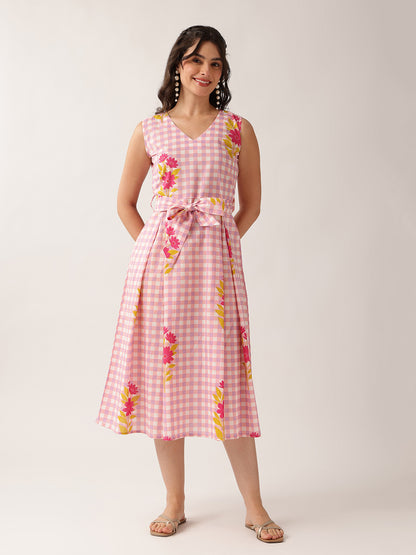 Peach Checked A-Line Cotton Dress