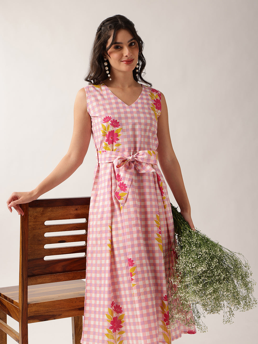 Peach Checked A-Line Cotton Dress