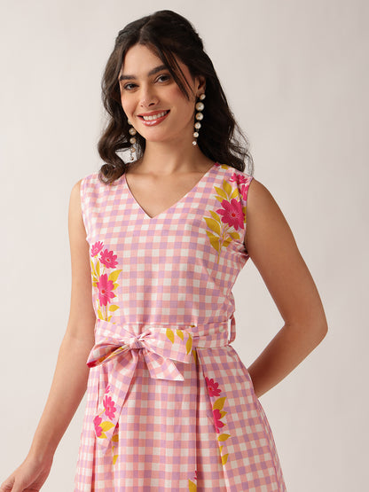 Peach Checked A-Line Cotton Dress