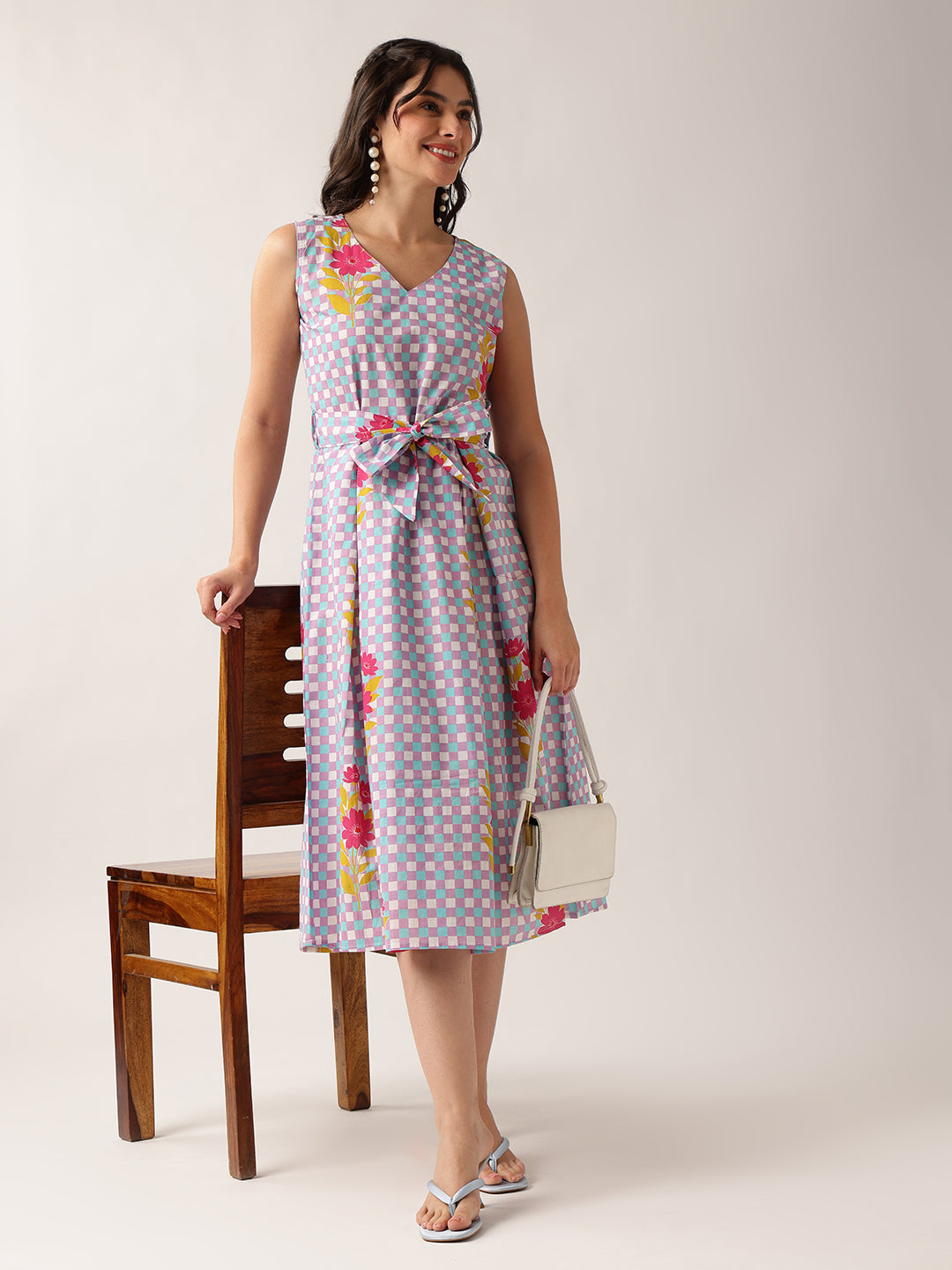 Sky Blue Checked A-Line Cotton Dress