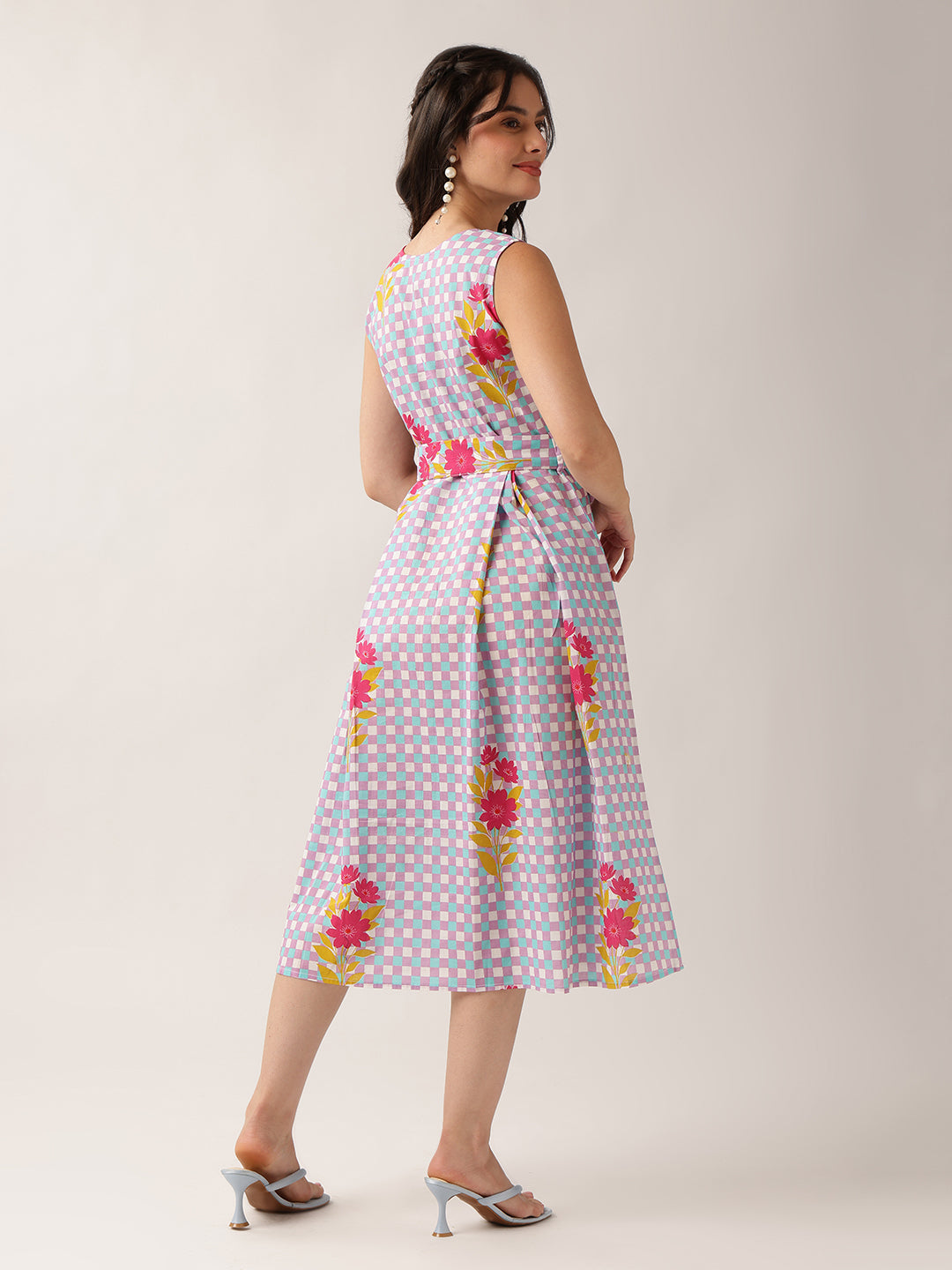 Sky Blue Checked A-Line Cotton Dress