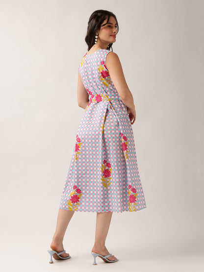 Sky Blue Checked A-Line Cotton Dress