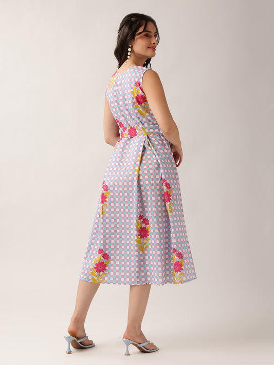Sky Blue Checked A-Line Cotton Dress