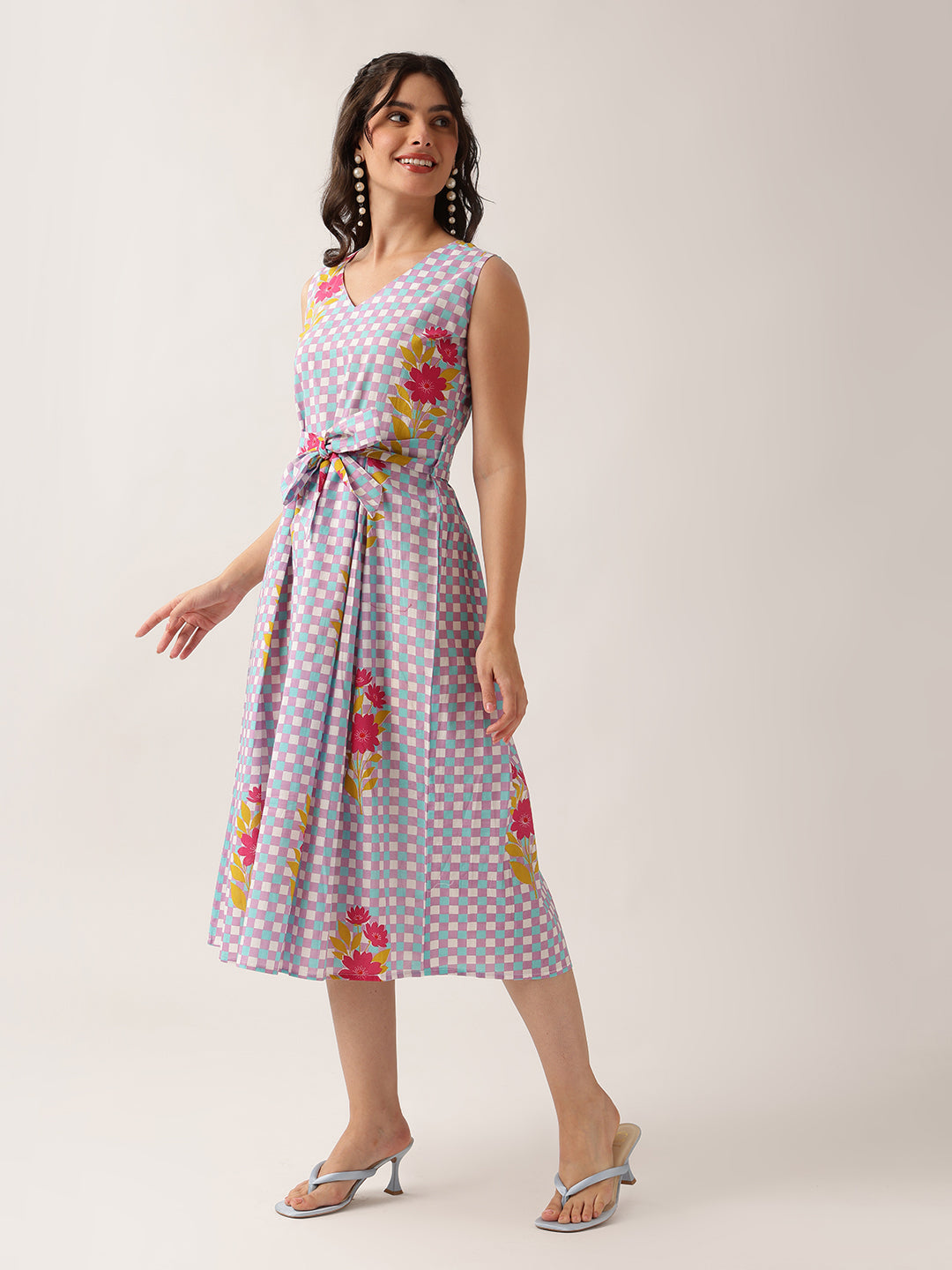Sky Blue Checked A-Line Cotton Dress