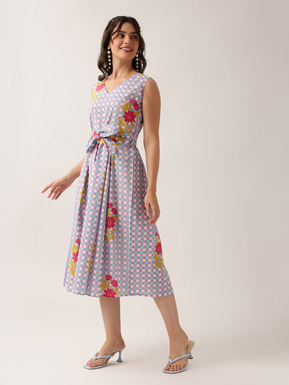Sky Blue Checked A-Line Cotton Dress