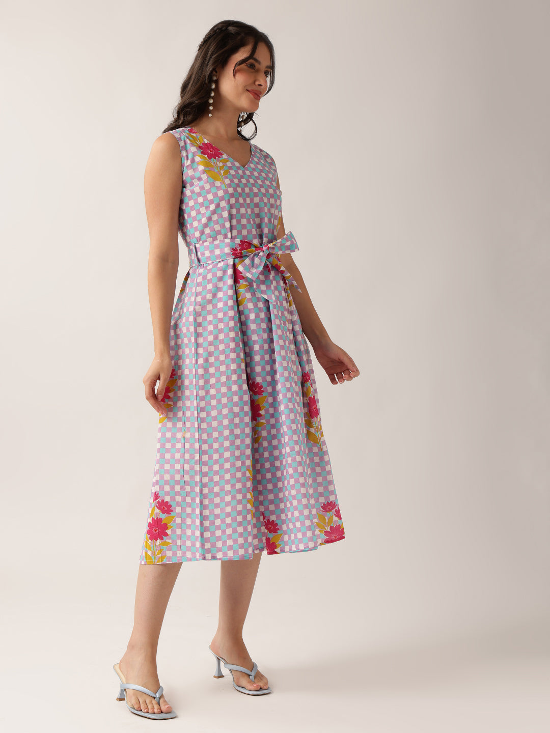 Sky Blue Checked A-Line Cotton Dress